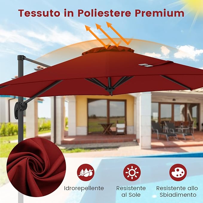 Ombrellone da Esterno 294 cm, Ombrellone con Rotazione a 360°, 5 Angoli di Inclinazione Regolabili, Base a Forma di Croce, 8 Stecche, Ombrellone per Giardino, Piscina, Cortile