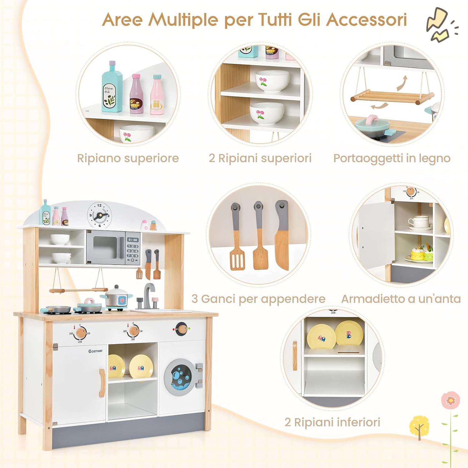 Cucina Giocattolo per Bambini in Legno, Set da Cucina per Bambini con Forno a Microonde, Accessori Vari per Cucinare, per Bambini 3 Anni +