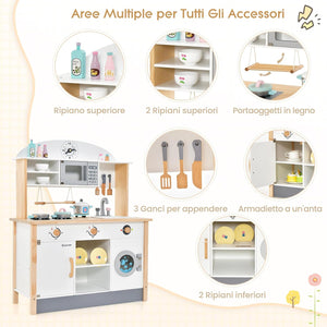 Cucina Giocattolo per Bambini in Legno, Set da Cucina per Bambini con Forno a Microonde, Accessori Vari per Cucinare, per Bambini 3 Anni +