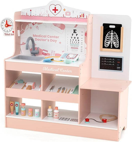 Set da Gioco Dottore in Legno, Centro Medico per Bambini con Orologio, Lavandino, Tabella Oculistica, Monitor ECG, Area Esame e 24 Accessori Giocattolo, 97 × 30,5 × 88 cm (Rosa)
