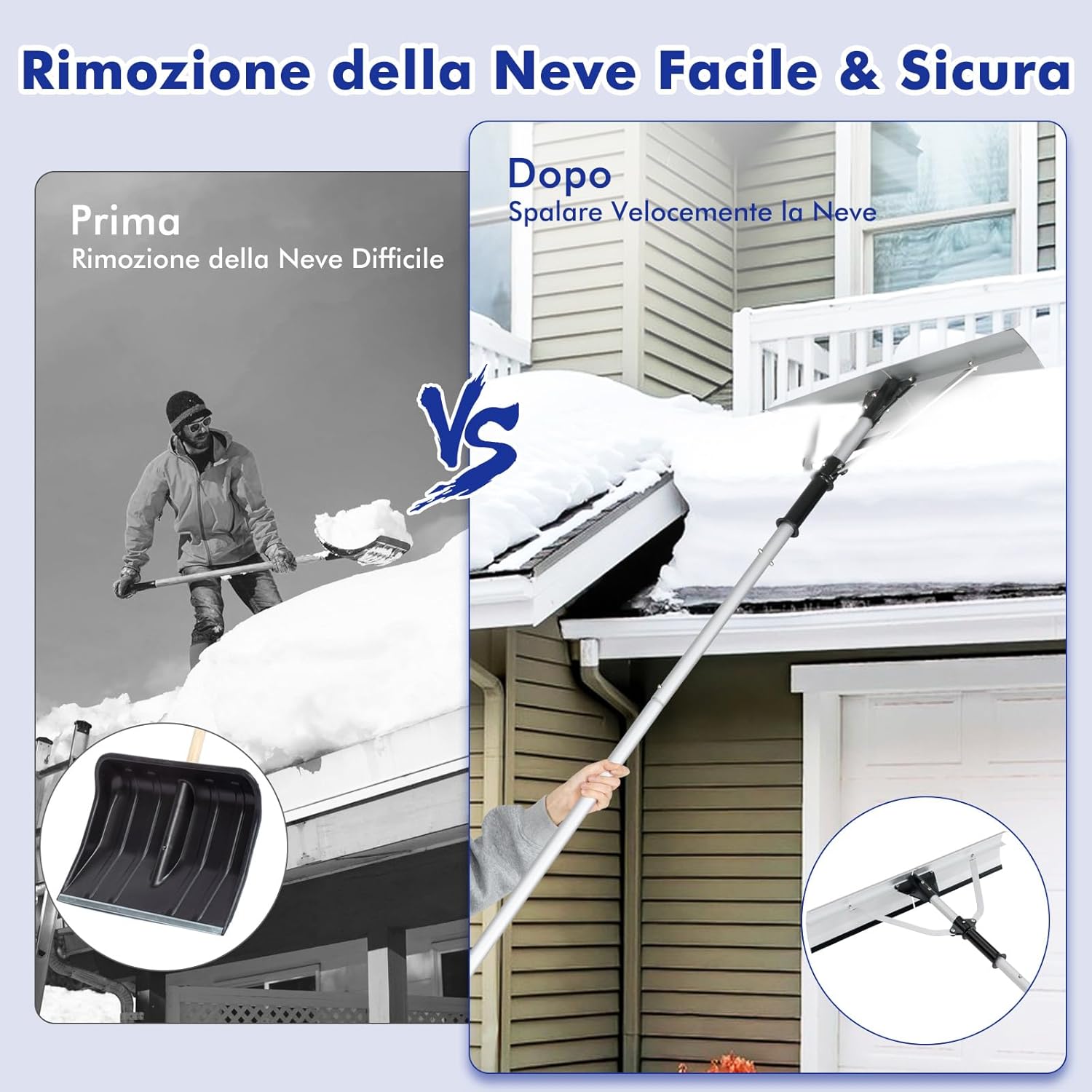 Restrello da Neve per Tetto Lungezza 635 cm, Rastrello per Neve Telescopico con Testa Pieghevole, Restrello in Alluminio Allungabile con 5 Asta Rimozione Neve, Pala da Neve per Tetto
