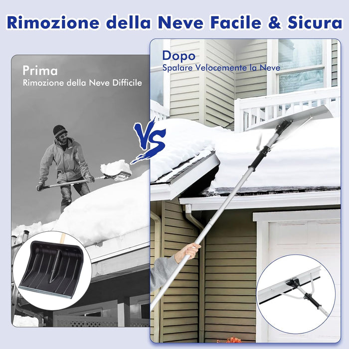 Restrello da Neve per Tetto Lungezza 635 cm, Rastrello per Neve Telescopico con Testa Pieghevole, Restrello in Alluminio Allungabile con 5 Asta Rimozione Neve, Pala da Neve per Tetto