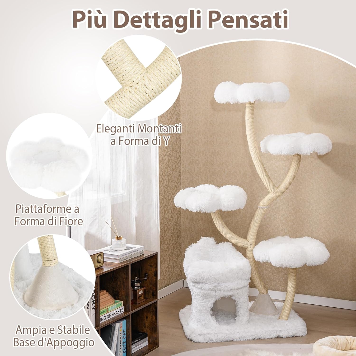 Tiragraffi per Gatti Alto 165cm,Alberi per Gatti con 4 Piattaforme, Tiragraffi in Sisal e Tubo di Supporto Robusto, Mobili per Animali da Interno (Bianco)