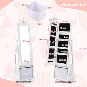 Specchio Portagioie da Terra, Armadietto Portagioielli e Girevole con Specchio a Figura Intera e 4 Ruote Universali Bloccabili, Specchiera da Camera da Letto per Bambini