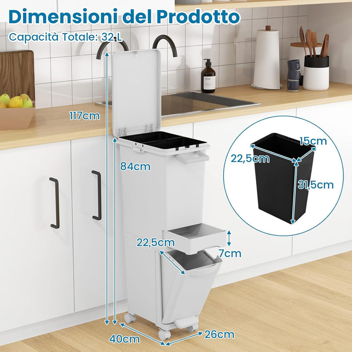 3 in 1 Pattumiera 32L, Cestino per Rifiuti con 2 Cassetti, 2 Scomparti Superiori e Adesivi, Pattumiera in Plastica a Pedale per Cucina Sala da Pranzo Soggiorno, 40x26x84 cm
