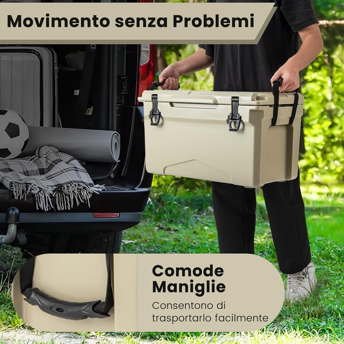 Frigorifero da Campeggio da 28 Litri, Frigo Portatile con Manico Resistente e Scarico, Freddo Fino 5-7 Giorni con Portabicchieri Integrati per Barbecue, Campeggio, Picnic, Pesca