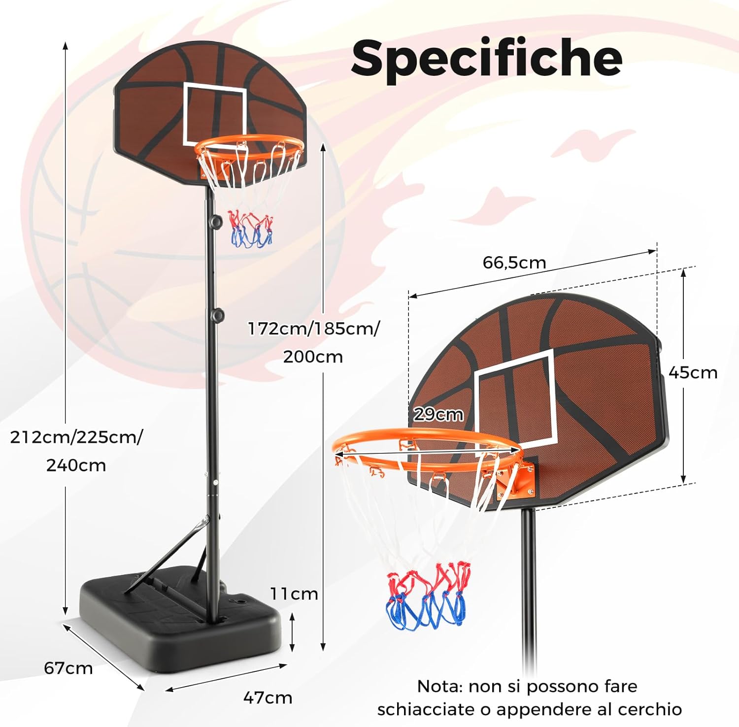 Canestro da Basket Portatile e Regolabile in Altezza da 172 a 200 CM, Canestro da Basket per Bambini da Esterno ed Interno con Tabellone Antiproiettile e Base Stabile Riempibile