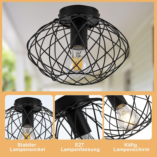 ZMH Lampada da soffitto plafoniera vintage nera 25cm griglia gabbia