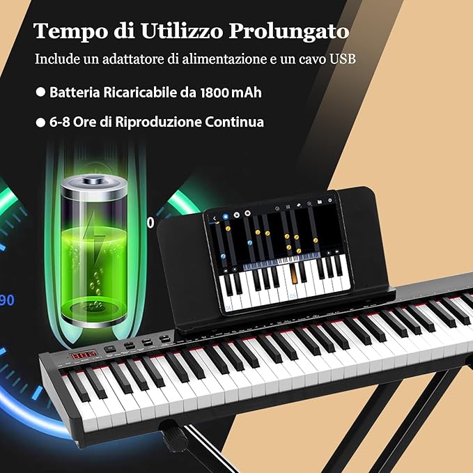 Tastiera Musicale 61 Tasti, Set Pianoforte Elettronico Portatile con Sgabello, Pianoforte Digitale Portatile con Supporto, Pedale Sustain, MIDI, USB e Funzione di APP Bluetooth