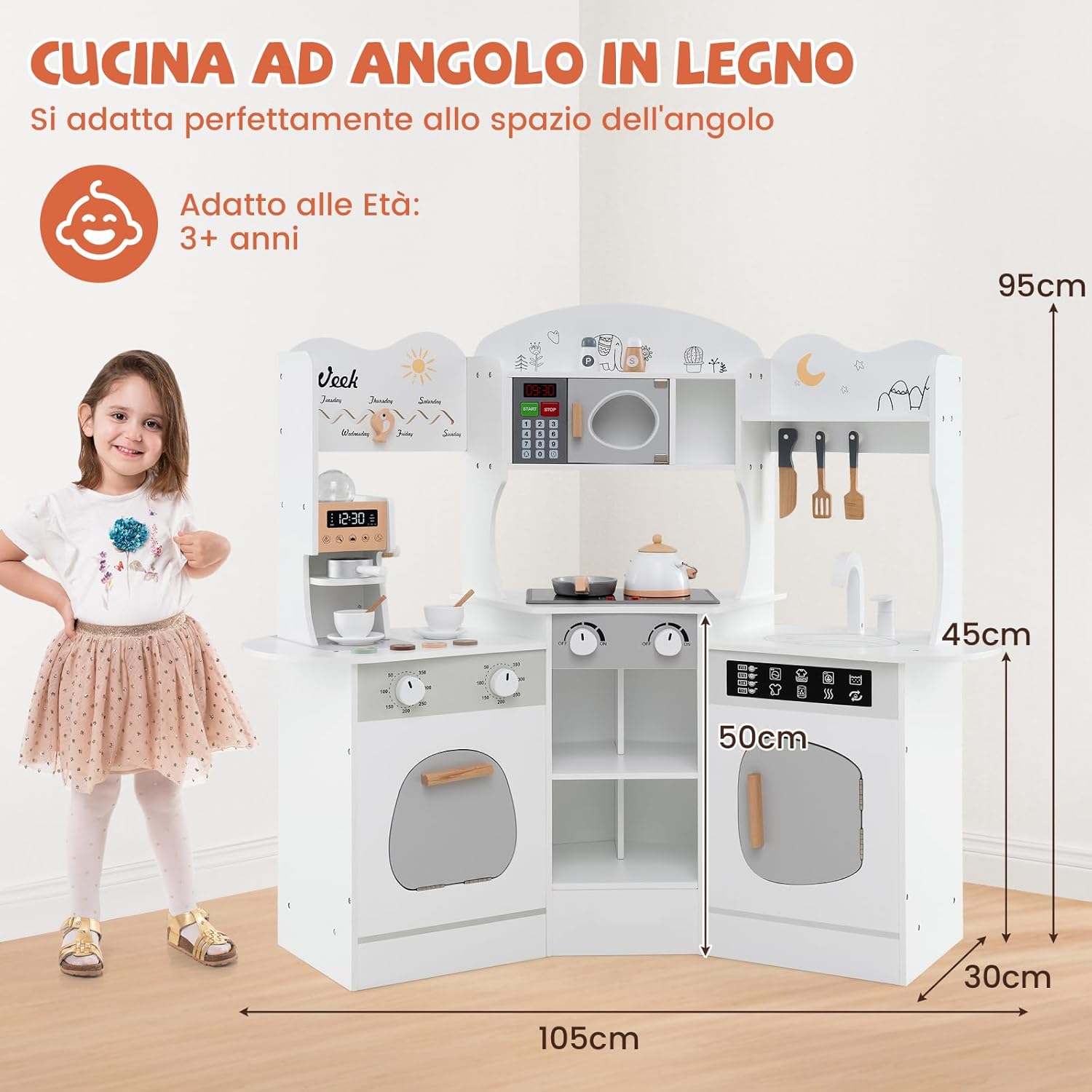 Cucina Giocattolo Angolare con Fornelli e Micronde da Suoni e Luci, Cucina per Bambini in Legno con Macchina Caffè, Lavandelo, Forno e Lavatrice, Set Cucina con Accessori (Bianco)