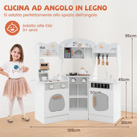 Cucina Giocattolo Angolare con Fornelli e Micronde da Suoni e Luci, Cucina per Bambini in Legno con Macchina Caffè, Lavandelo, Forno e Lavatrice, Set Cucina con Accessori (Bianco)