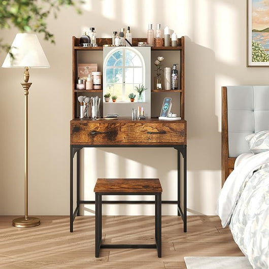 Toletta da Trucco con Specchio, Set Tavolo e Sgabello da Trucco con Stazione di Ricarica, Cassetti, Ripiani Aperti e Armadio, Consolle Toeletta con Sgabello, 80 x 50 x 138 cm (Marrone)