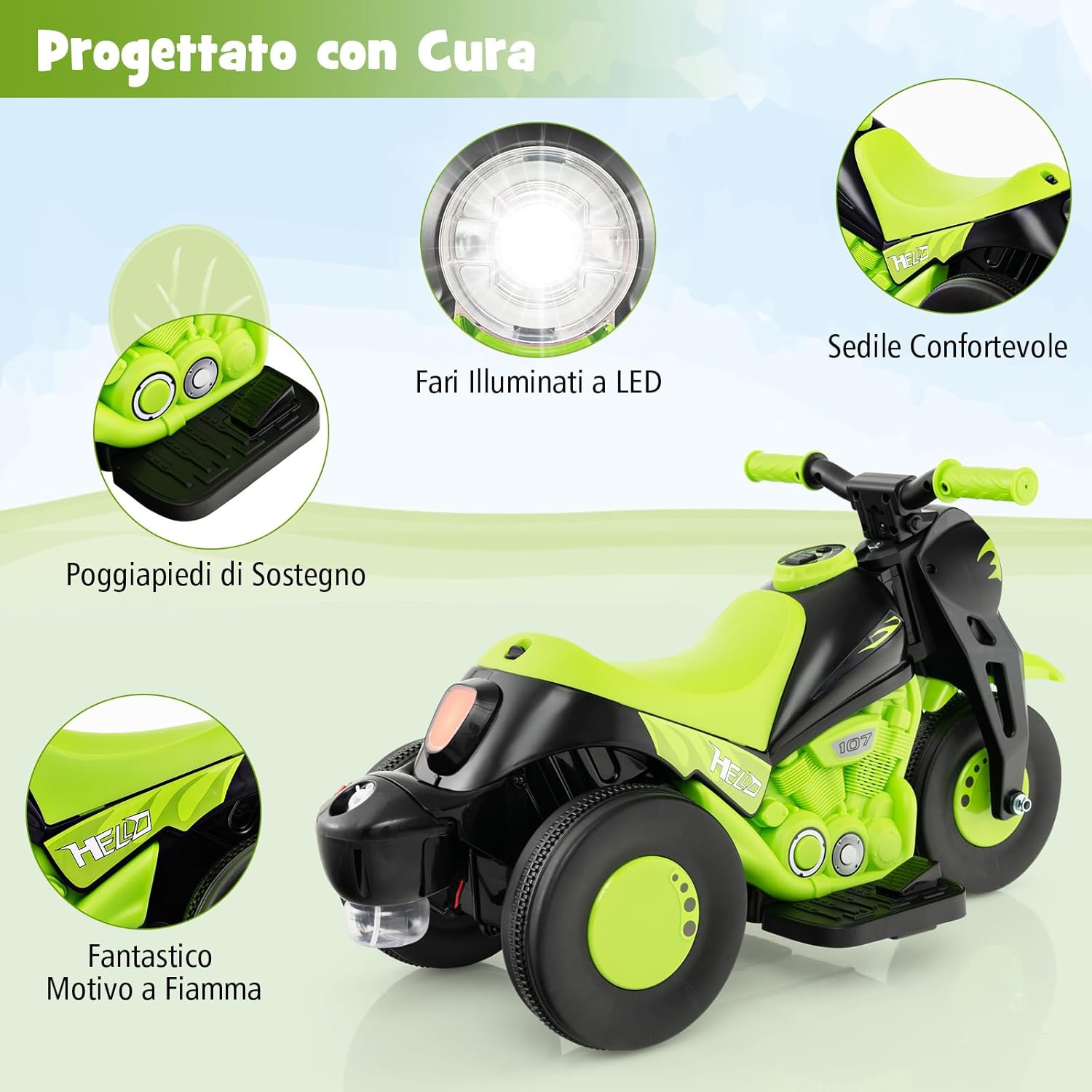 Moto Elettrica per Bambini con Creatore di Bolle, Auto a Bolle per Bambini da 6V, Pulsante Musicale, Faretto a LED, Capacità di 30 kg, per Bambini 3+ anni (Verde)
