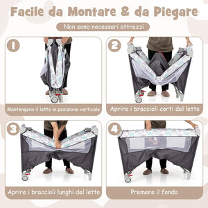 4 in 1 Lettino per Bambini con Materasso, Lettino Culla da Viaggio per Neonati, Culla Neonato con Fasciatoio, Box Portatile Pieghevole, con Ruote e Borsa, 125 x 65 x 119 cm (Grigio)