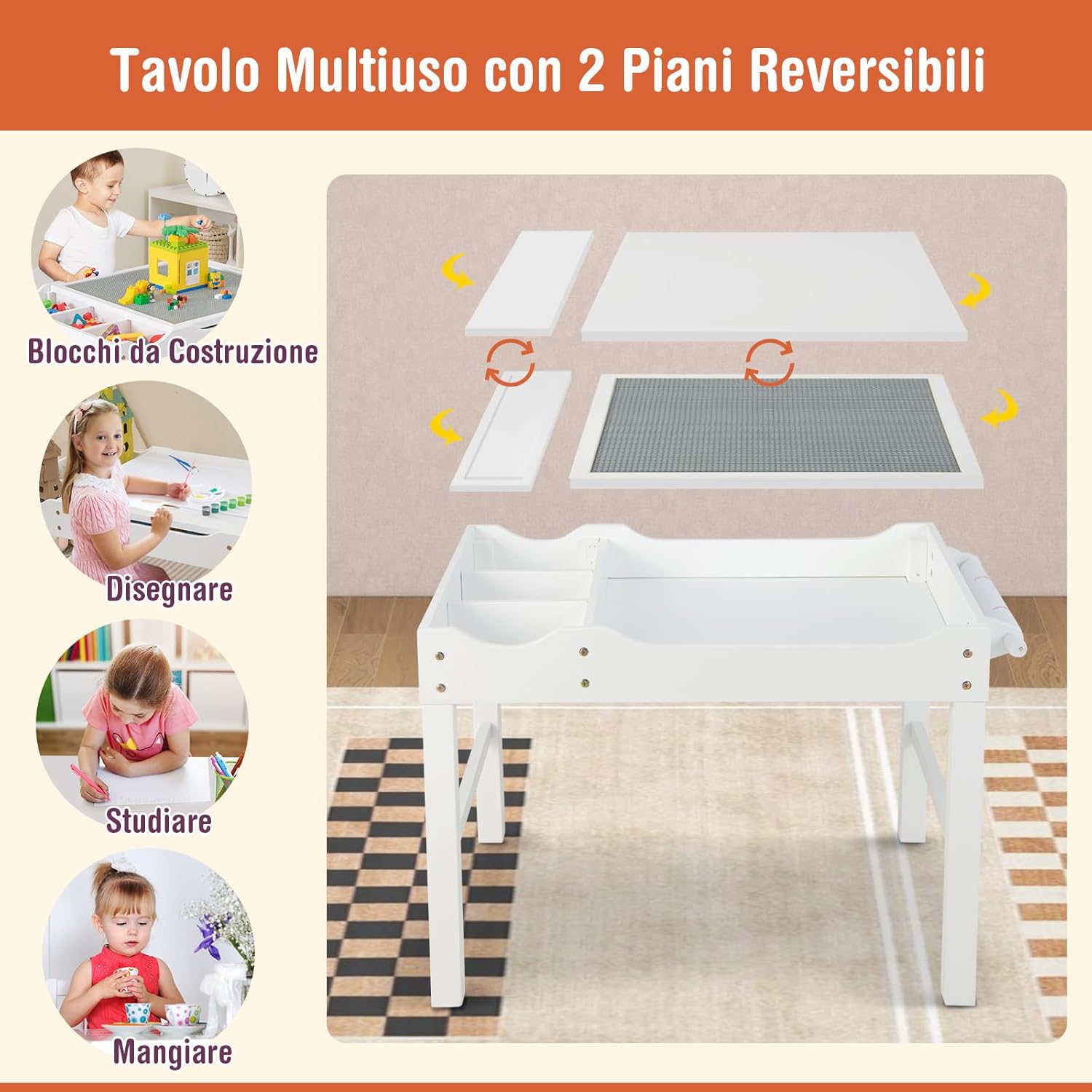 Tavolo da Gioco per Bambini in Legno con Piano Reversibile, Tavolo Multiattività Bambini 2 in 1, Porta Rotolo di Carta da Disegno, per Camera da Letto, Soggiorno (Bianco)