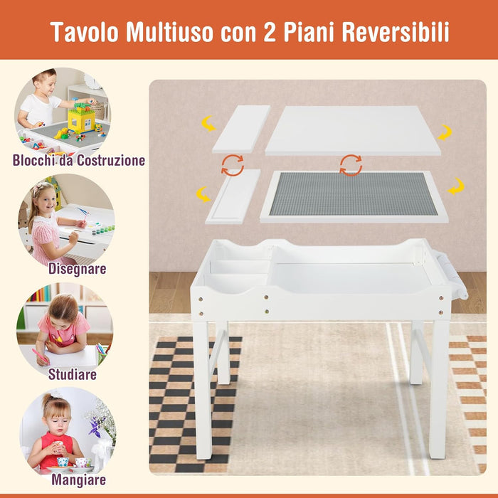 Tavolo da Gioco per Bambini in Legno con Piano Reversibile, Tavolo Multiattività Bambini 2 in 1, Porta Rotolo di Carta da Disegno, per Camera da Letto, Soggiorno (Bianco)