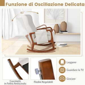Poltrona Relax a Dondolo con Pouf, Sedia Soggiorno con Schienale Imbottito, Struttura in Legno, Tasca Laterale, Set Poltrona e Poggiapiedi per Soggiorno Camera da Letto
