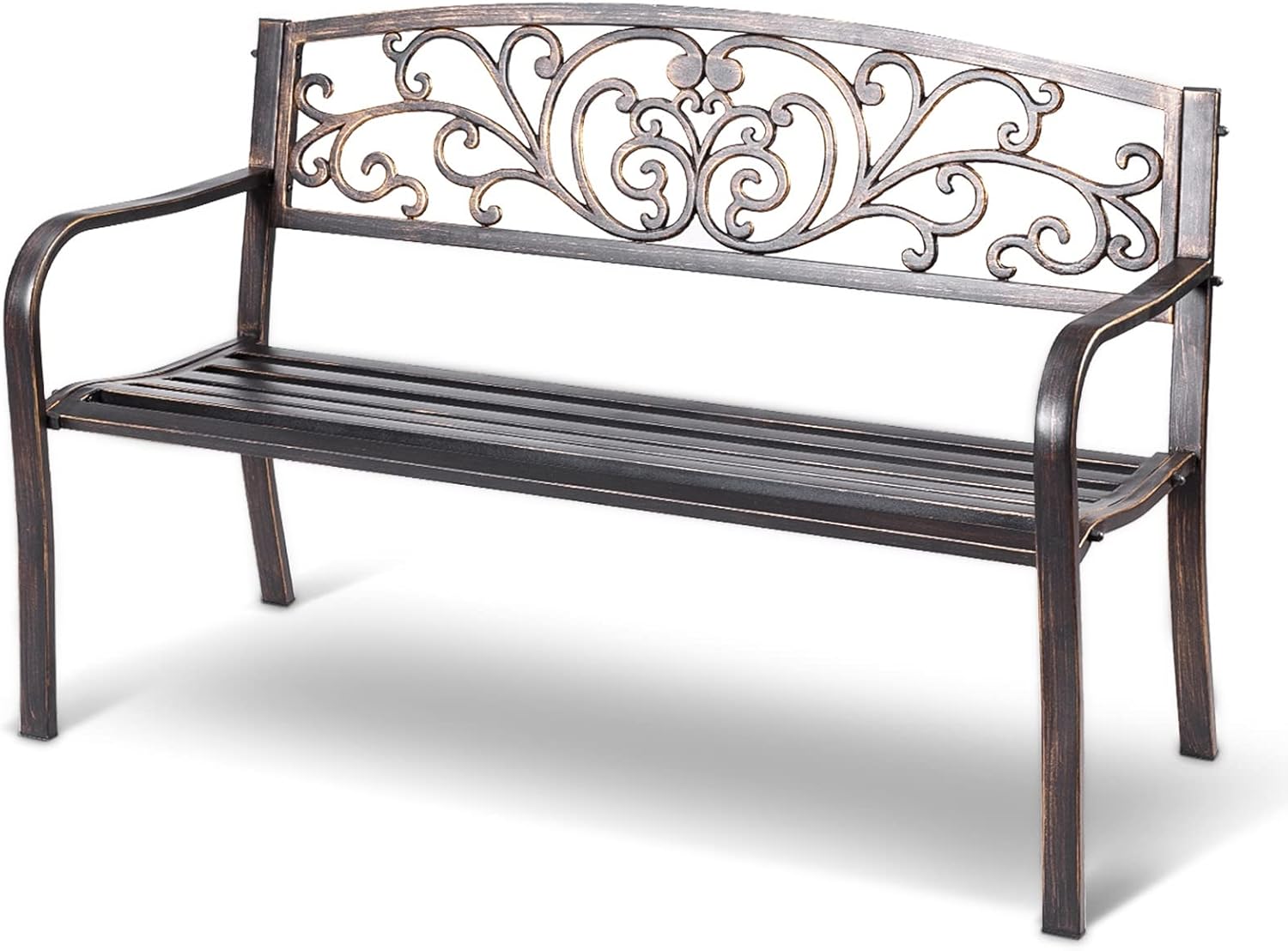 Panchina da Esterno, Panchina in Metallo Verniciato con Schienale Bello, Sedile Ampio e Braccioli Ergonomici, Panca da Giardino, Balcone e Cortile, 126 x 60 x 85 cm (Bronzo)
