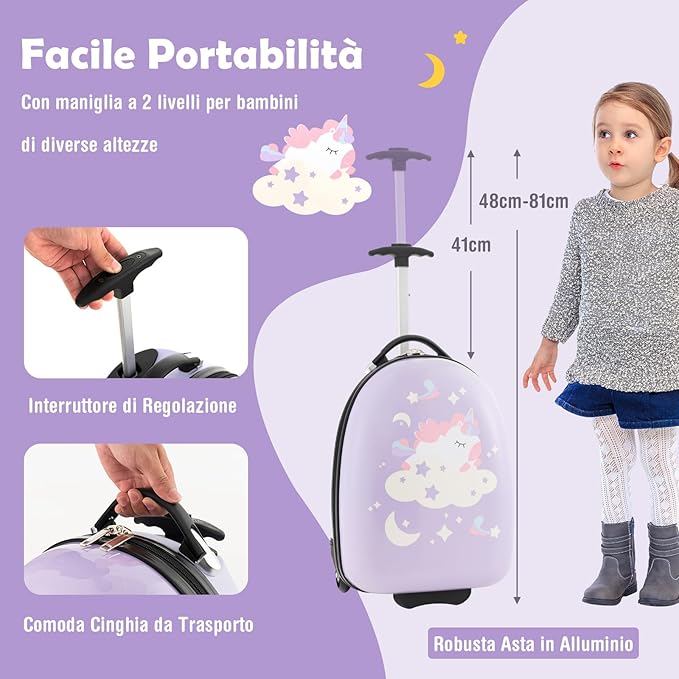 Valigia per Bambini da 16" con Ruote, Valigia Rigida con Manico Telescopico in Alluminio, Regalo per Bambini, 33 x 26 x 81cm (Rosa)