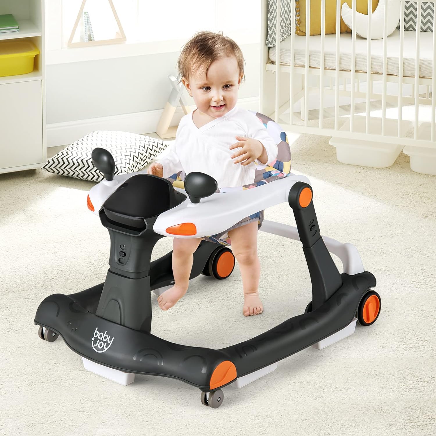 Girello per bambini 2 in 1, Girello con Altezza e Velocità Regolabili, Carillon con Luci e Cuscino Comodo, Primi Passi per Bambini 6-18 Mesi, Capacità di carico: 15 kg (Nero)