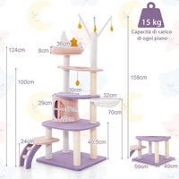 Albero per Gatti da 158 cm, Torre per Gatti Multi-livello Viola con Scala, Pali Graffiati Rivestiti di Sisal, Piattaforme, Giocattoli a Stella Pendenti e Cuccia