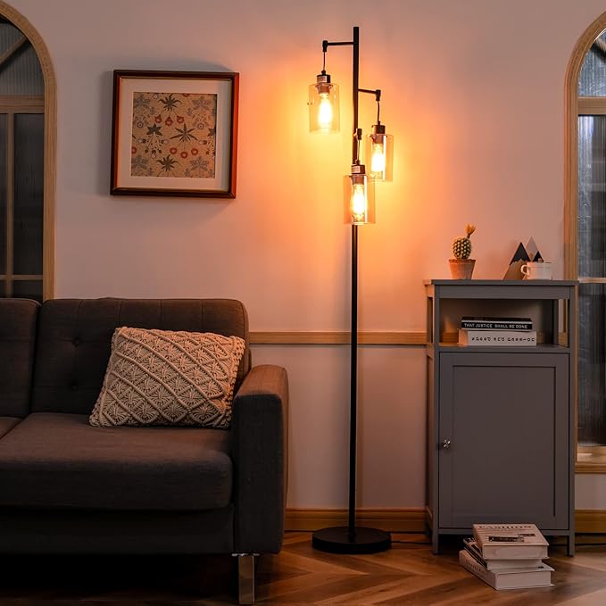 Lampada da Terra, Lampada a Stelo Retrò con Paralume in Vetro Ambrato a 3 Teste Sospese, Interruttore a Pedale, Base in Metallo, Ideale per Soggiorno, Camera da Letto, Corridoio e Studio