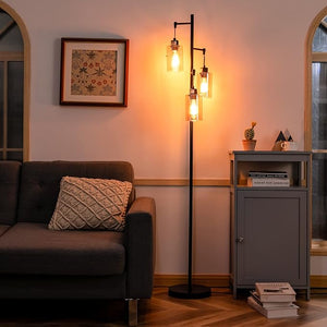 Lampada da Terra, Lampada a Stelo Retrò con Paralume in Vetro Ambrato a 3 Teste Sospese, Interruttore a Pedale, Base in Metallo, Ideale per Soggiorno, Camera da Letto, Corridoio e Studio