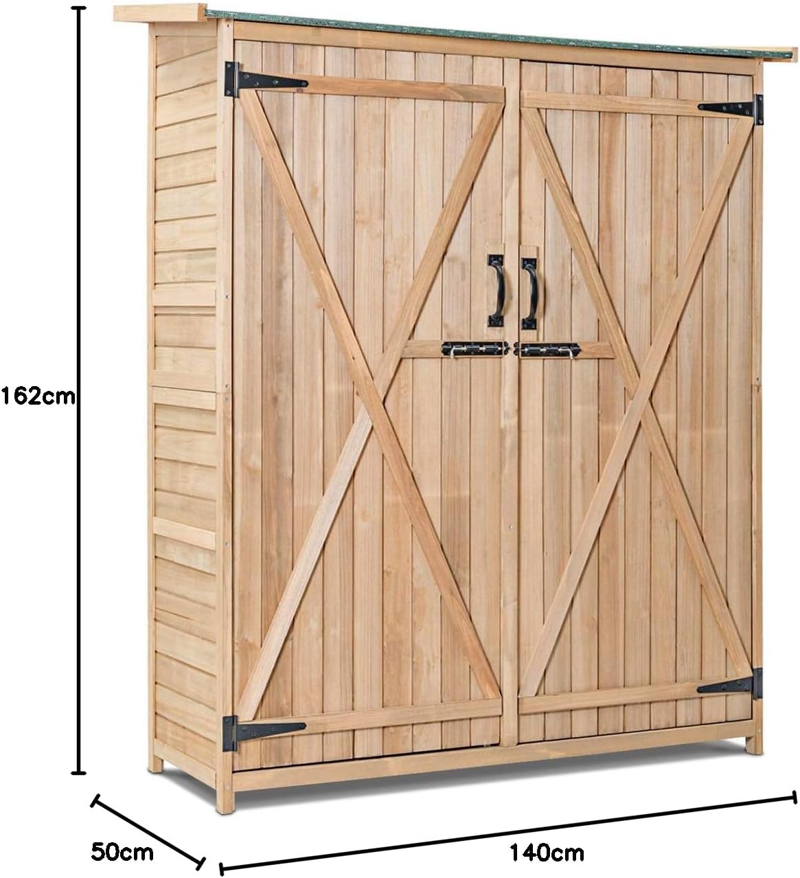 Capanno da Giardino, Ripostiglio da Esterno con 2 Porte e Ripiani, Casetta Porta Attrezzi in Legno con Serratura, 140 x 50 x 162 cm