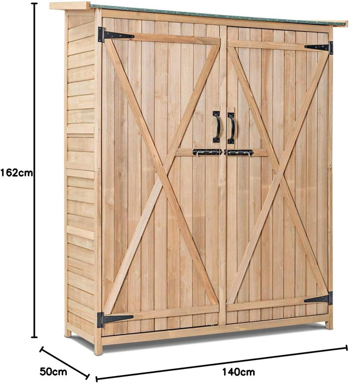 Capanno da Giardino, Ripostiglio da Esterno con 2 Porte e Ripiani, Casetta Porta Attrezzi in Legno con Serratura, 140 x 50 x 162 cm
