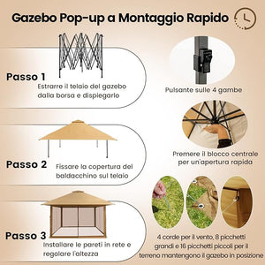 Gazebo Pieghevole da Giardino 4 x 4 m, Altezza Regolabile, Gazebo Pop-up con Zanzariera, Borsa di Trasporto, Doppio Tetto Ventilato e per Giardino Patio e Cortile (Cachi)