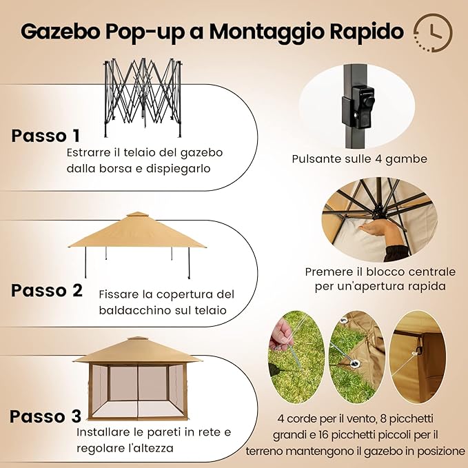 Gazebo Pieghevole da Giardino 4 x 4 m, Altezza Regolabile, Gazebo Pop-up con Zanzariera, Borsa di Trasporto, Doppio Tetto Ventilato e per Giardino Patio e Cortile (Cachi)