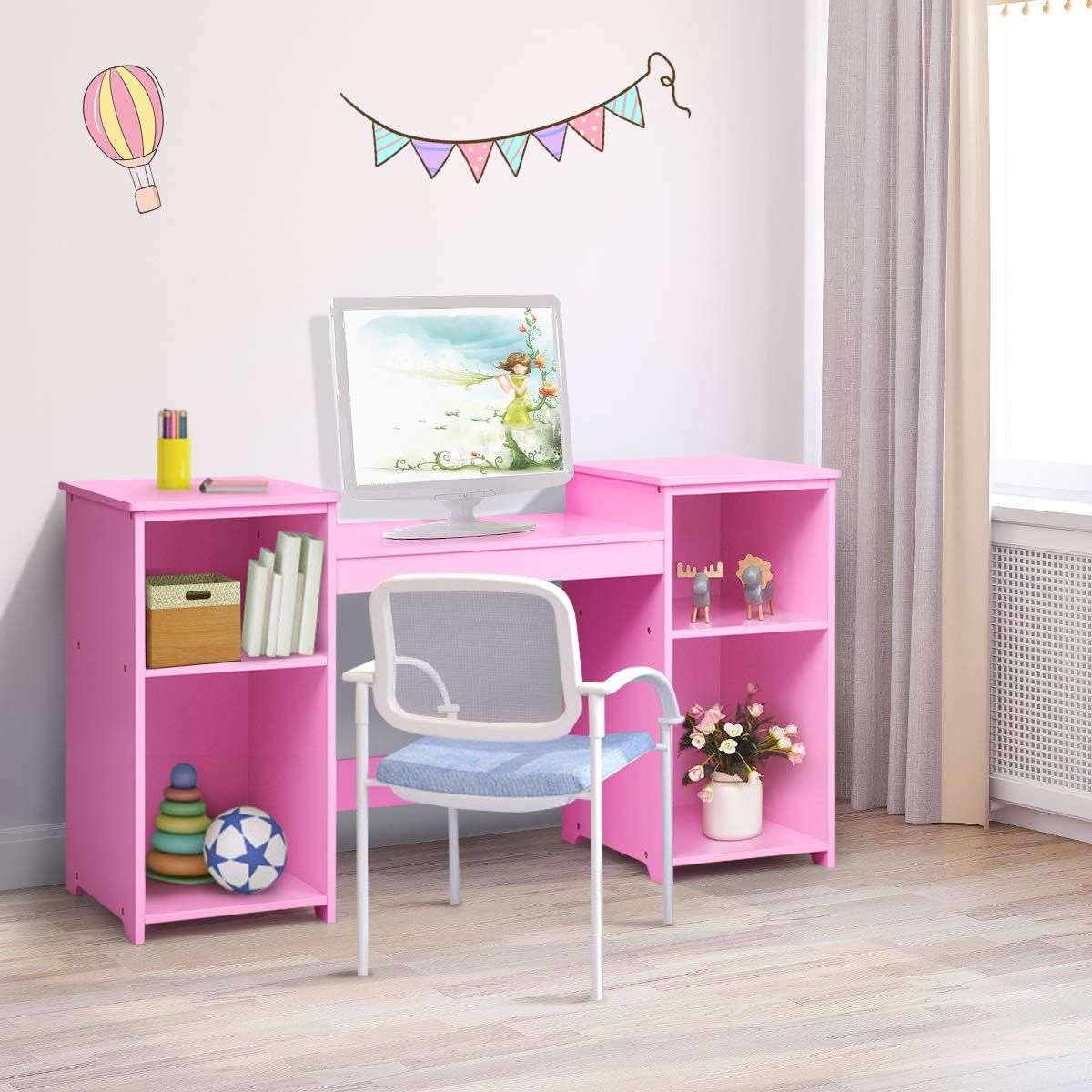 Toeletta per Bambini in Legno - Design Smontabile 2 in 1, Mobile da Trucco Stile Principessa con 4 Mensole e Specchio, Rosa