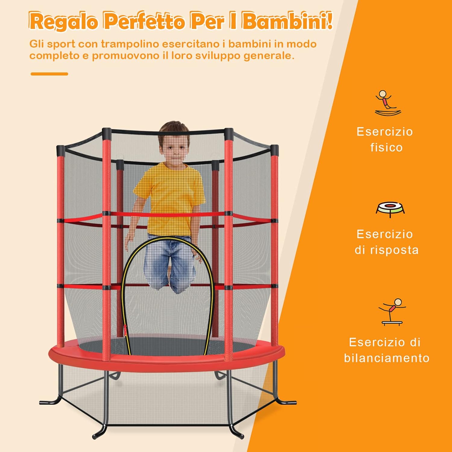 Trampolino Elastico Bambino in Acciaio, Tappeto Elastico Bambini da Esterno e da Interno, con Rete e Cusicnetti Antiscivolo（Rosso)