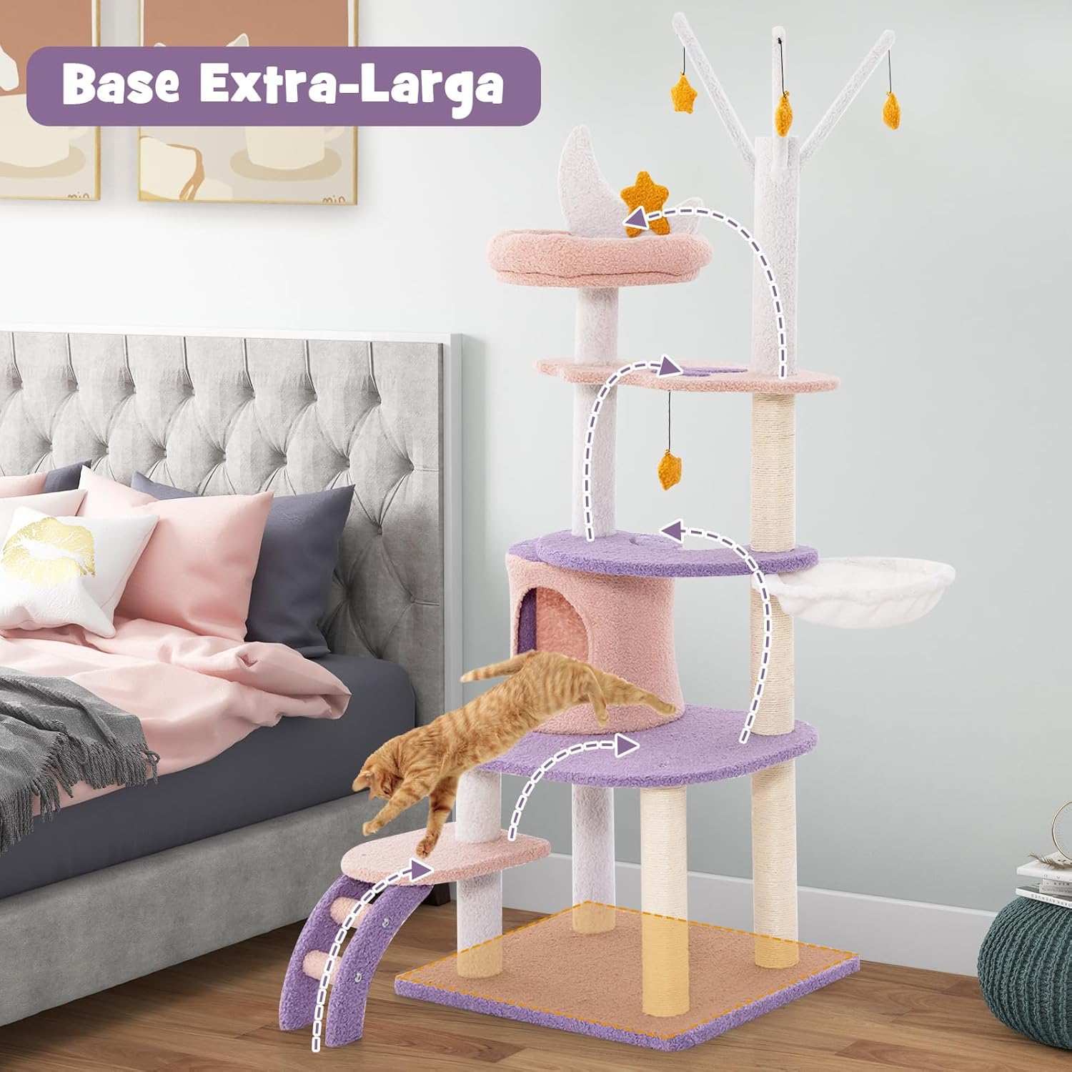 Albero per Gatti da 158 cm, Torre per Gatti Multi-livello Viola con Scala, Pali Graffiati Rivestiti di Sisal, Piattaforme, Giocattoli a Stella Pendenti e Cuccia