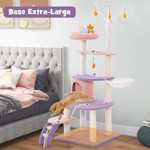 Albero per Gatti da 158 cm, Torre per Gatti Multi-livello Viola con Scala, Pali Graffiati Rivestiti di Sisal, Piattaforme, Giocattoli a Stella Pendenti e Cuccia