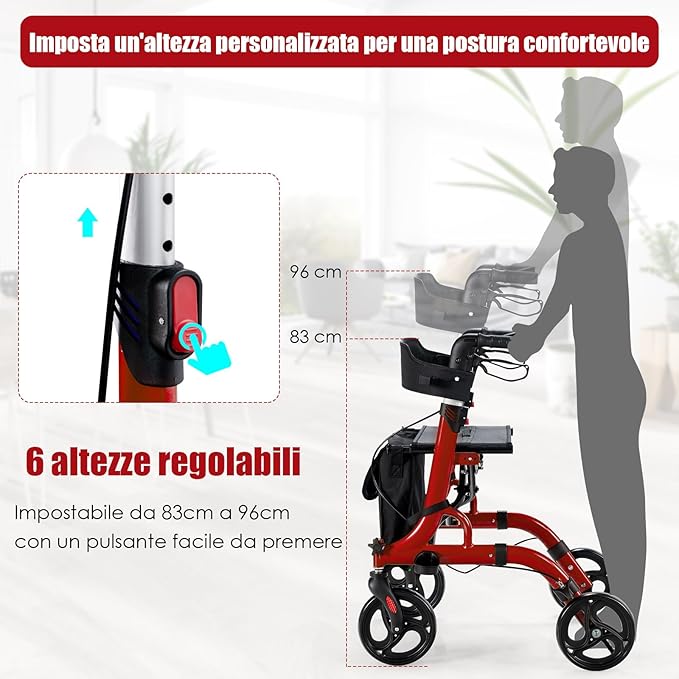 Deambulatore con Seduta 2 in 1, Rollator Pieghevole, Deambulatore per Anziani con 4 Ruote, Maniglie Regolabili Freni, con Doppia Funzione Schienale Reversibile e Borsa Portaoggetti (Rosso)
