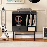 Armadio Camera da Letto 70 x 36 x 80 cm, Credenza Salvaspazia in Legno con Scomparti Aperti, Supporti per Album e Cassetto, Mobile Moderno per Sala Musica e Soggiorno (Nero)