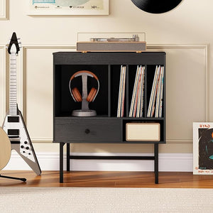 Armadio Camera da Letto 70 x 36 x 80 cm, Credenza Salvaspazia in Legno con Scomparti Aperti, Supporti per Album e Cassetto, Mobile Moderno per Sala Musica e Soggiorno (Nero)