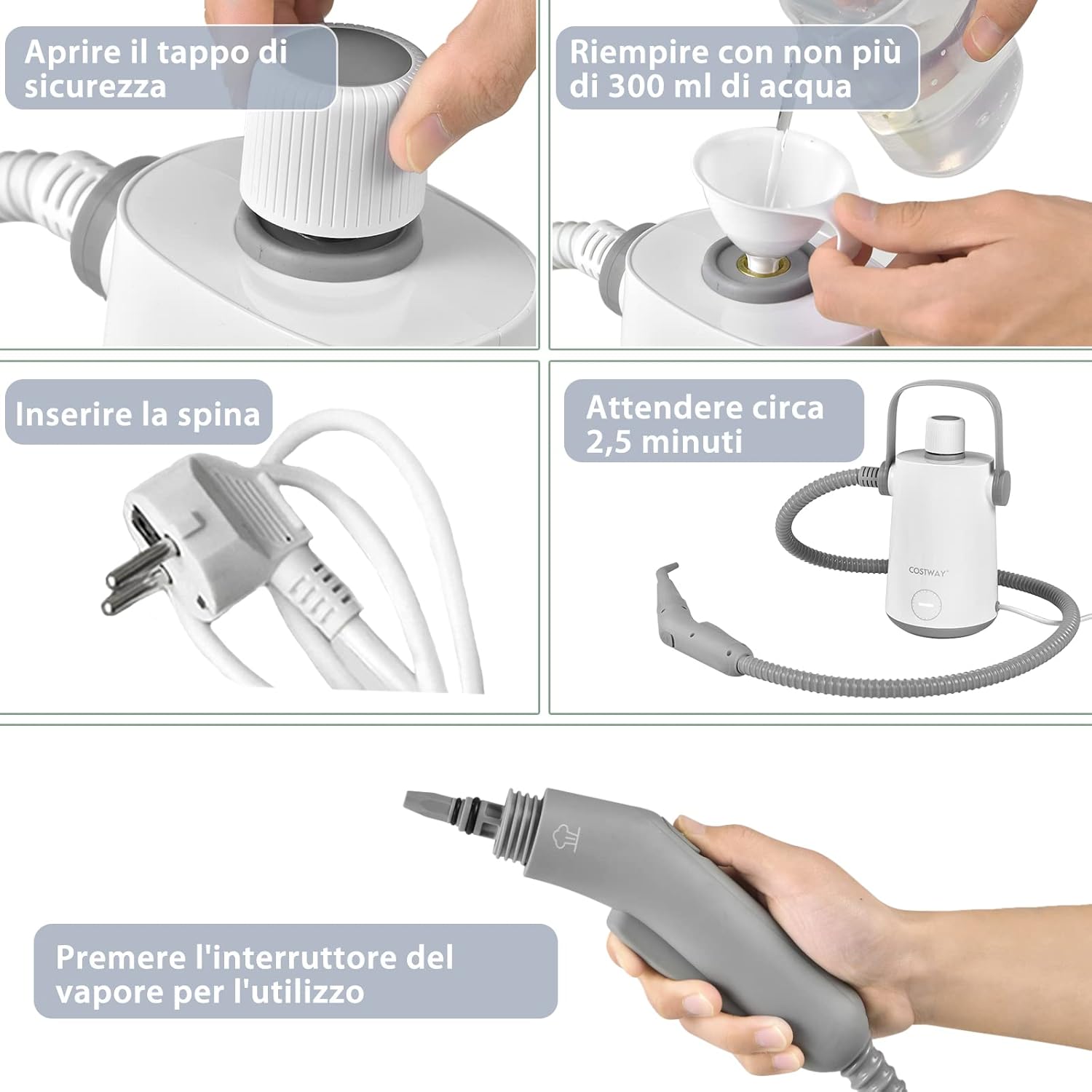 1000W Pulitore a Vapore Multiuso, Macchina a Vapore Portatile con 10 Accessori Serbatoio da 300 ml, Pulizia a Vapore con Tubo Flessibile per Cucina Bagno Finestre (Grigio)