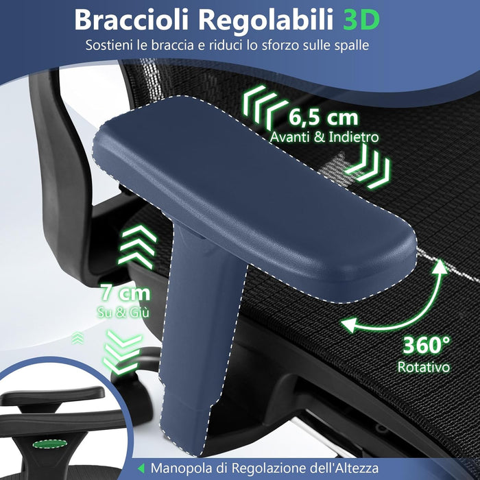 Sedia Ergonomica da Ufficio, Sedia Girevole con Poggiatesta, Supporto Lombare, Braccioli 3D, Poggiapiedi Estraibile & Schienale Reclinabile, Poltrona Girevole con Poggiapiedi