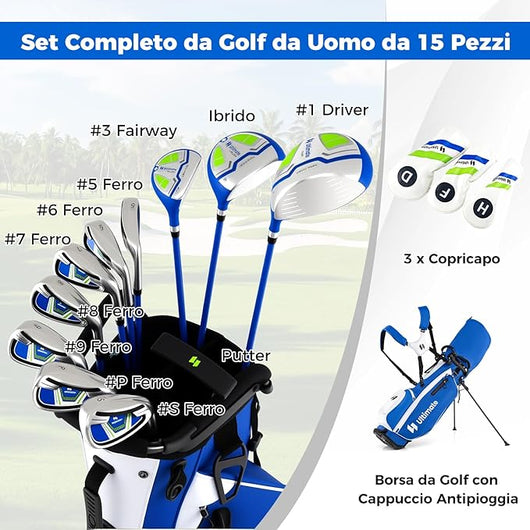 Set Completo di Mazze da Golf con Sacca a Treppiede, Include con Driver 1 da 460CC, Legno 3, Ibrido, Ferri 5, 6, 7, 8, 9, P, S, Putter e Copertura Antipioggia per Destrimani