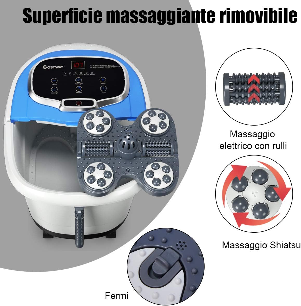 Idromassaggio per Piedi Idromassaggiatore Plantare Massaggio Shiatsu, con Funzione Calore Timer e Rulli, Luce a Infrarossi, 15L, Blu