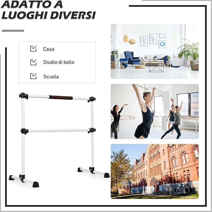 Sbarra da Balletto Doppia in Metallo, Portatile e Regolabile in Altezza con Cuscinetti Antiscivolo e Base Girevole, Ideale per Allenamento Stretch, Carico Massimo 50 kg