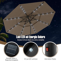 Ombrellone da Patio 313 cm con 32 Luci LED, Tetto Ventilato a 3 Piani, Inclinazioni Regolabili, Manovella, 8 Stecche, Ombrellone da Giardino, Piscina, Spiaggia