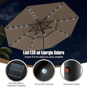 Ombrellone da Patio 313 cm con 32 Luci LED, Tetto Ventilato a 3 Piani, Inclinazioni Regolabili, Manovella, 8 Stecche, Ombrellone da Giardino, Piscina, Spiaggia