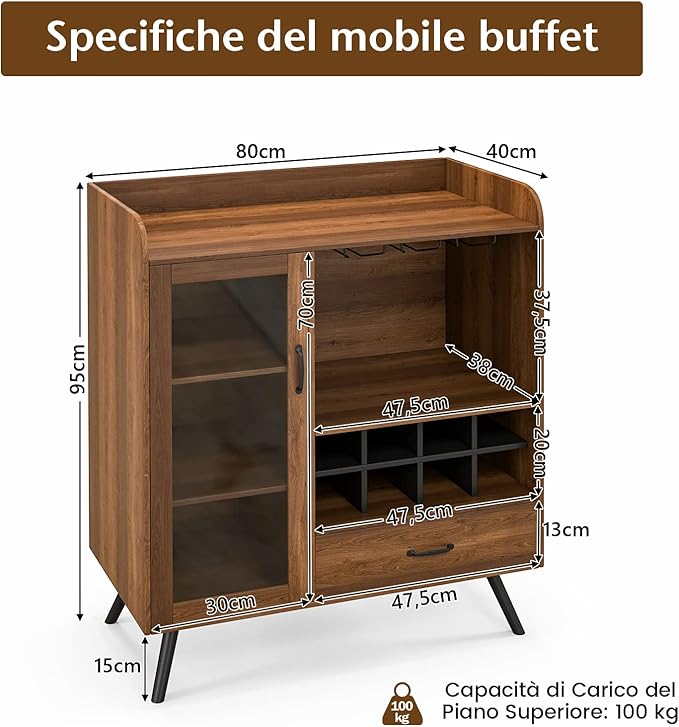 Credenza Cucina con Portabottiglie Rimovibile per 8 Vini e Porta Bicchieri, Mobile Bar in Legno con Anta e Cassetto Portaoggetti, Cantinetta Vino per Cucina, Sala da Pranzo e Soggiorno
