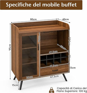 Credenza Cucina con Portabottiglie Rimovibile per 8 Vini e Porta Bicchieri, Mobile Bar in Legno con Anta e Cassetto Portaoggetti, Cantinetta Vino per Cucina, Sala da Pranzo e Soggiorno