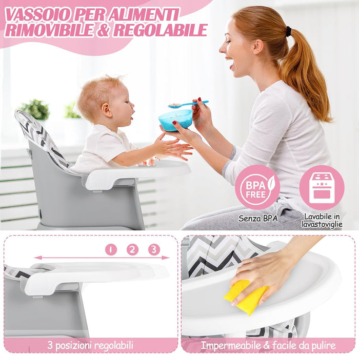 Seggiolone Pappa per Bambini 6 in 1, Seggiolone per Neonati Convertibile, Tavolo per Costruzioni per Bambini, con Imbracatura a 5 Punti, per Bambini da 6 Mesi fino 3 Anni (Gessato)