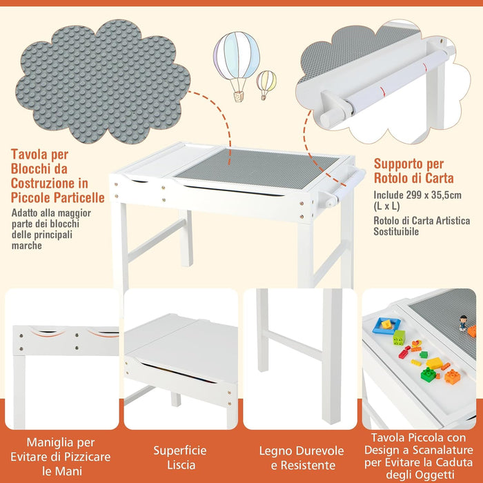 Tavolo da Gioco per Bambini in Legno con Piano Reversibile, Tavolo Multiattività Bambini 2 in 1, Porta Rotolo di Carta da Disegno, per Camera da Letto, Soggiorno (Bianco)