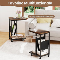Tavolo per Computer, Tavolino Portatile a 3 Livelli con Tasca e Struttura in Metallo Resistente, Desk a Forma di C con Ruote per Camera da Letto, Balcone e Ufficio, 40 x 28 x 59 cm